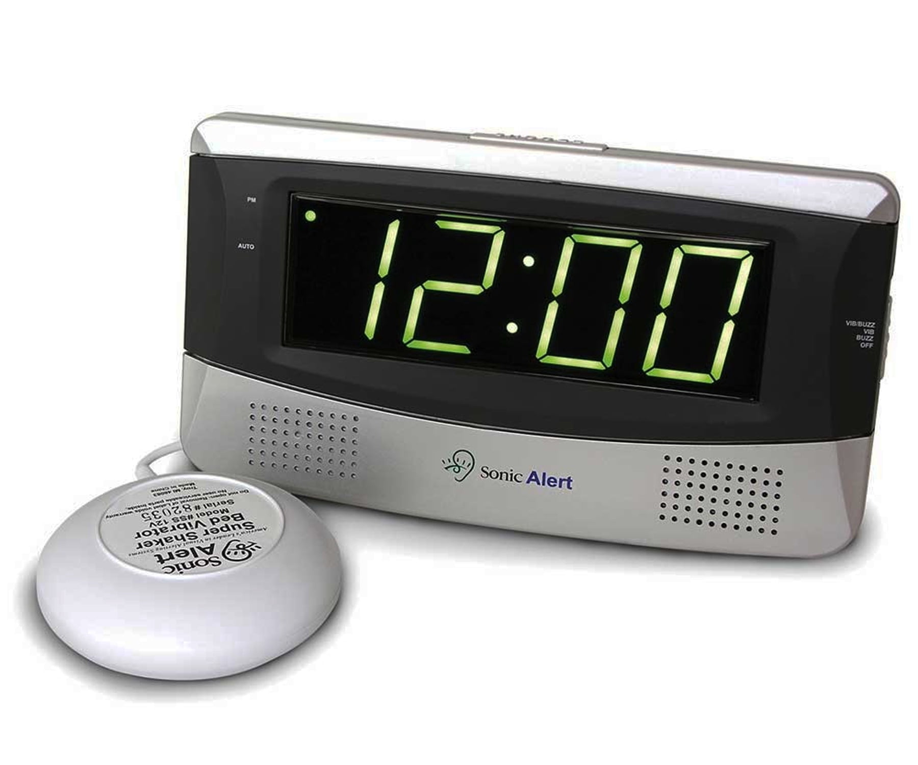 Sonic Alert - Sonic Bomb Extra Loud Large Digital Display Alarm Clock – Bed Shaker Vibrator – Grey/Silver