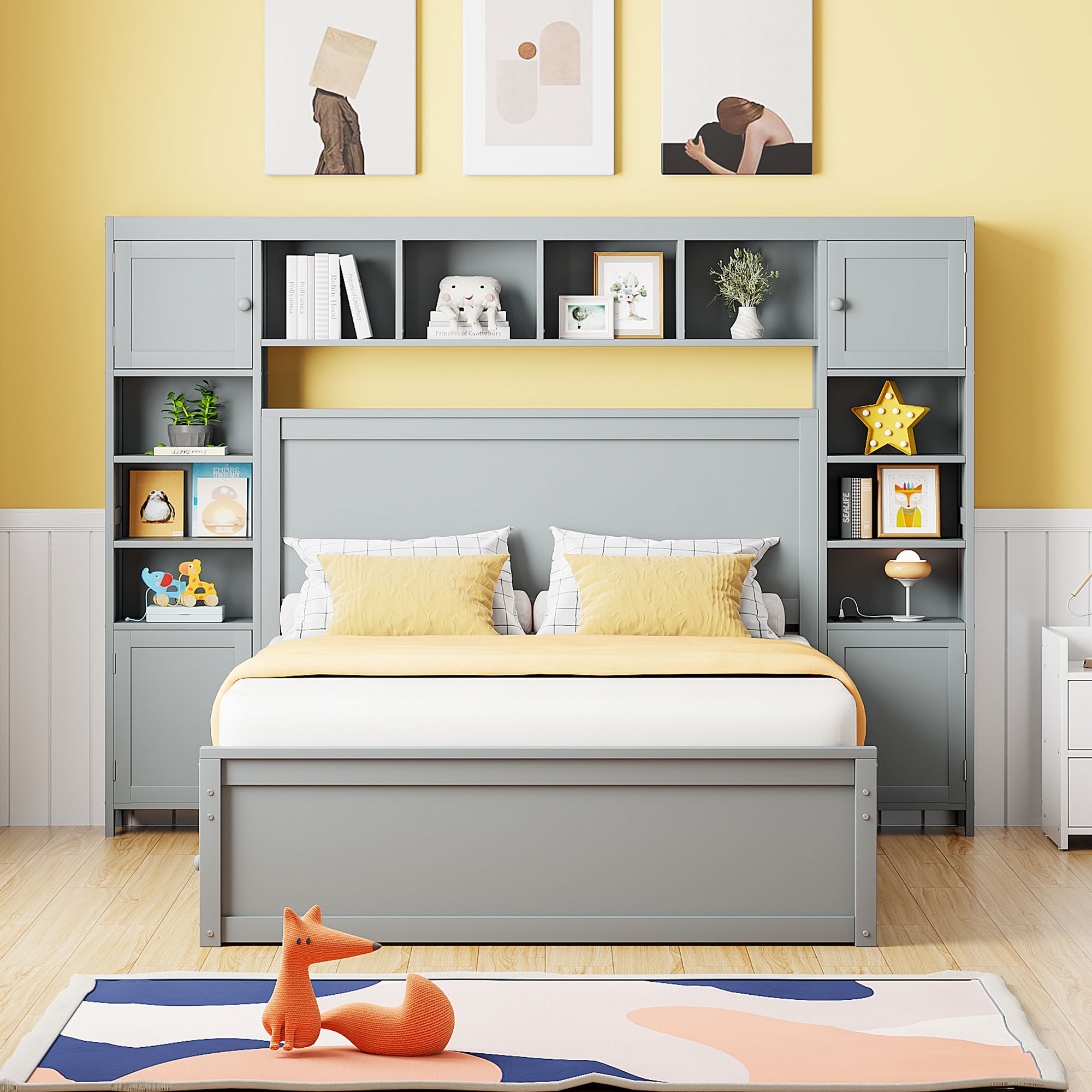 Aukfa Queen Size Bed Frame with All-in-One Cabinet and Shelves, Wooden Functional Bed with Trundle and Storage Drawers, USB Ports Outlets, Gray