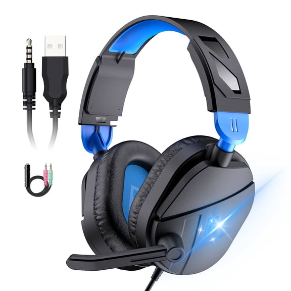 Gaming Headsets with Noise Cancelling Microphone, Xbox One & PS5 PS4 Headphones, High-Quality Stereo Sound, LED Light, Soft Memory Earmuffs for Ultimate Comfort, Wired Over-Ear Headset for PC, Laptop