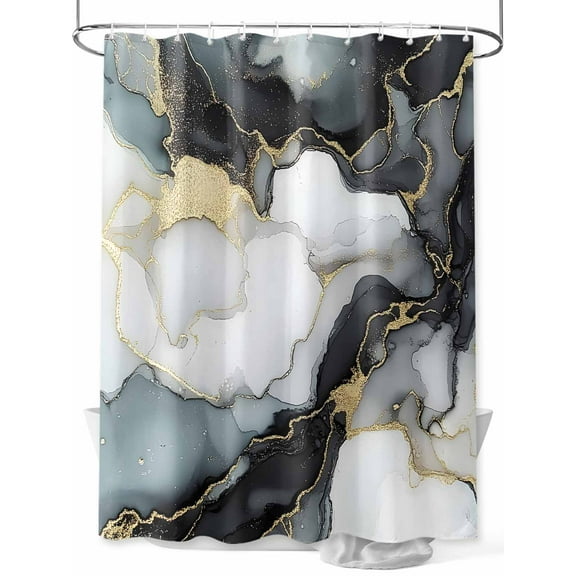Black Grey Marble Shower Curtain, White Golden Abstract Art Waterproof Shower Curtain Set with 12 Hooks Lightweight Washable Fabric Shower Curtains for Bathroom 60x72 Inches