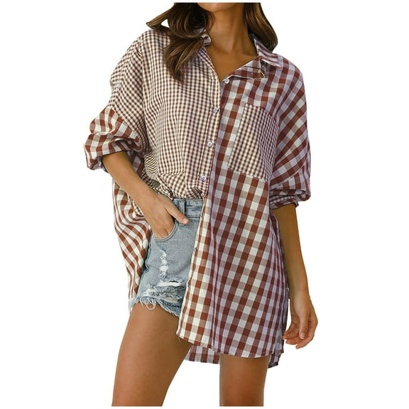 absuyy Women' Button Up Shirt Long Sleeve Turndown Collar Loose Casual Tops Brown Plaid Shirt Size XL