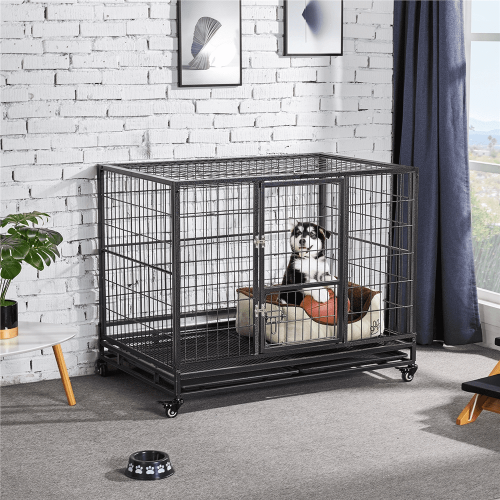 Easyfashion 43 inch Heavy Duty Metal Rolling Dog Cage Kennel,Black