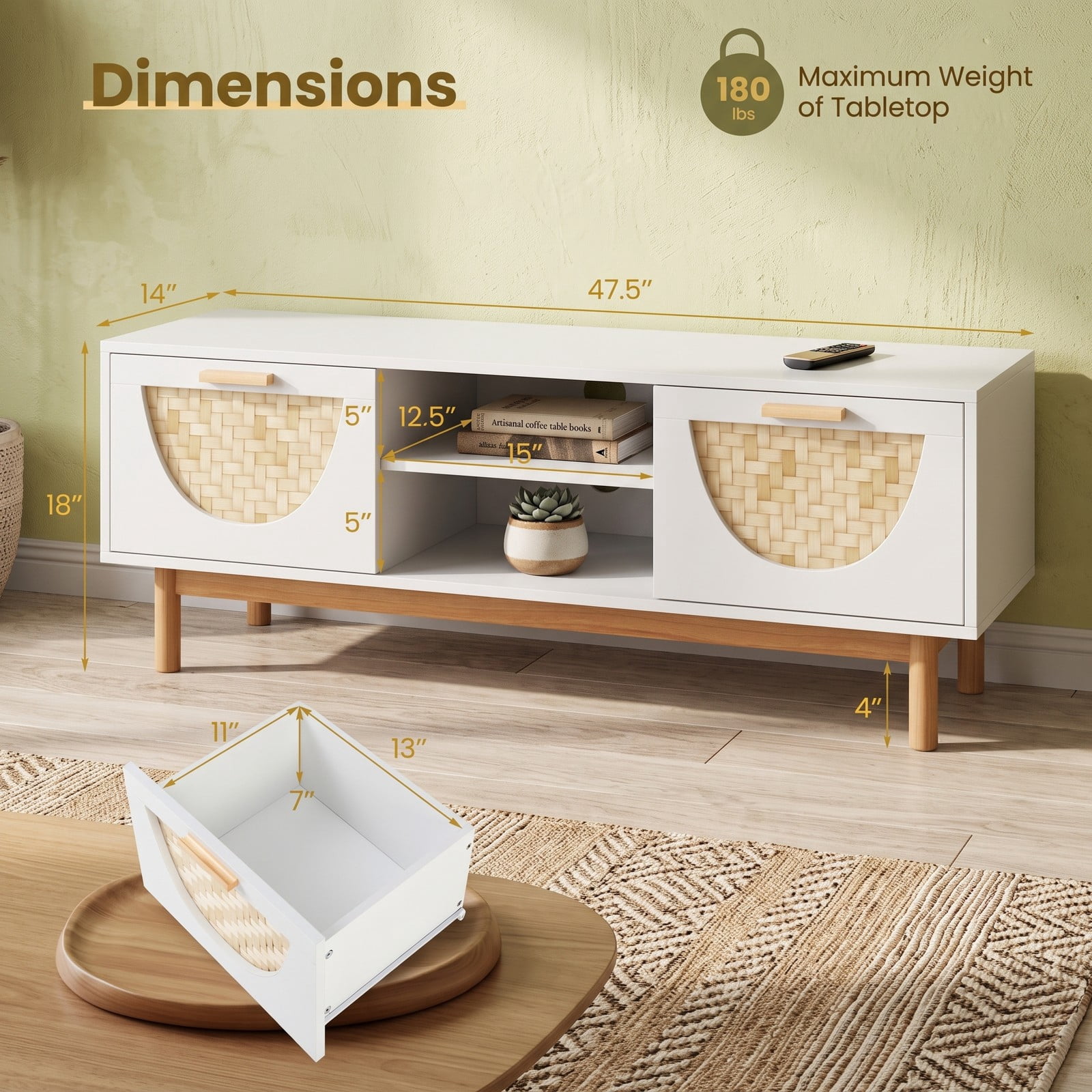 Furnibear Mid Century Modern TV Stand Entertainment Center for 55 Inch TV, Wood Media Console with 2 Drawers, 2 Open Shelves and Bamboo Woven, White and Natural