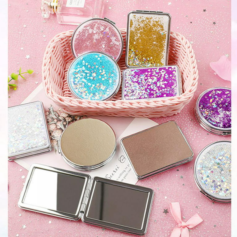 Small Mirror Round Makeup Mirror Folding Mini Pocket Mirror for Handbag, Purse, Pocket Hand Mirror Double-Sided (Shiny Quicksand), Pink