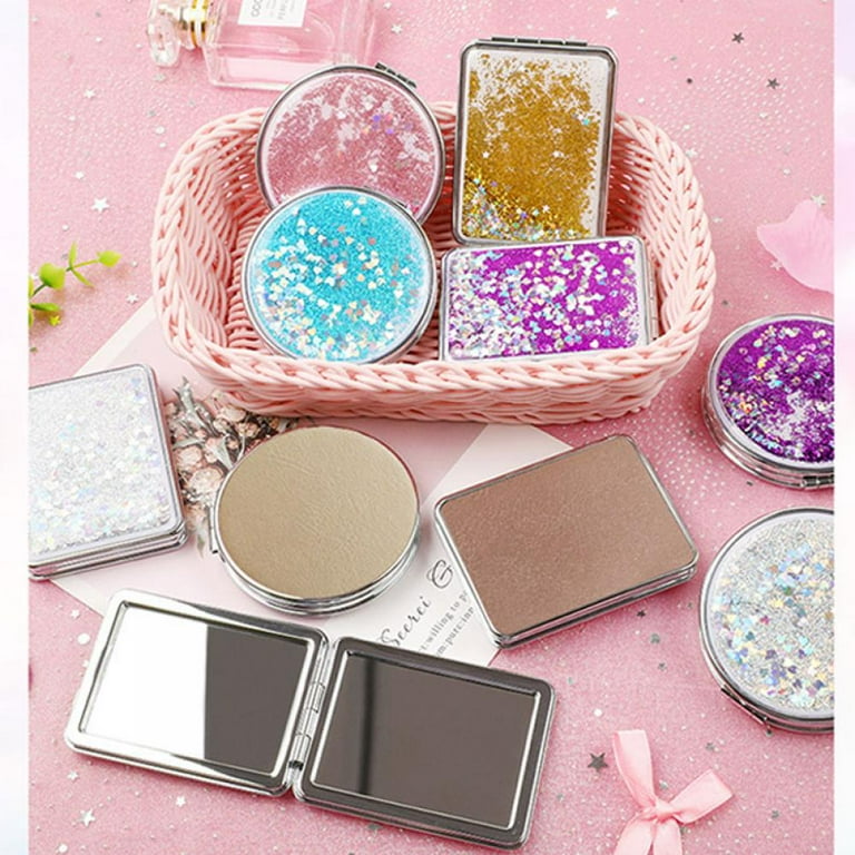 Small Mirror Round Makeup Mirror Folding Mini Pocket Mirror for Handbag, Purse, Pocket Hand Mirror Double-Sided (Shiny Quicksand), Size: Square