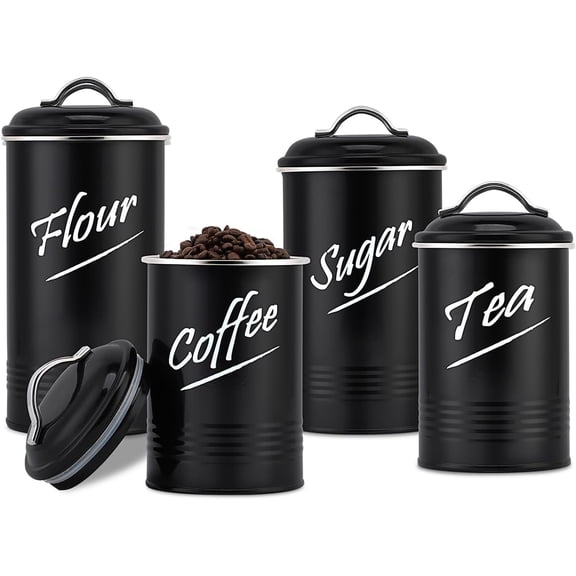 Canisters Sets for The Kitchen Countertop with Airtight Lids Tea Coffee Sugar and Flour Containers Farmhouse Black Canisters for Kitchen Counter Set of 4