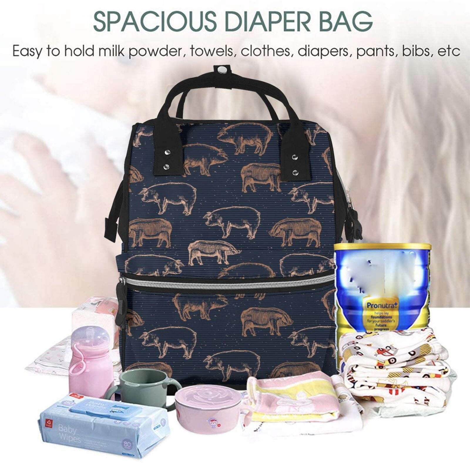 Ratiio Pig Farm Mummy Backpack - Waterproof Twill Canvas, Large Capacity Diaper Bag with Multiple Pockets and Adjustable Straps