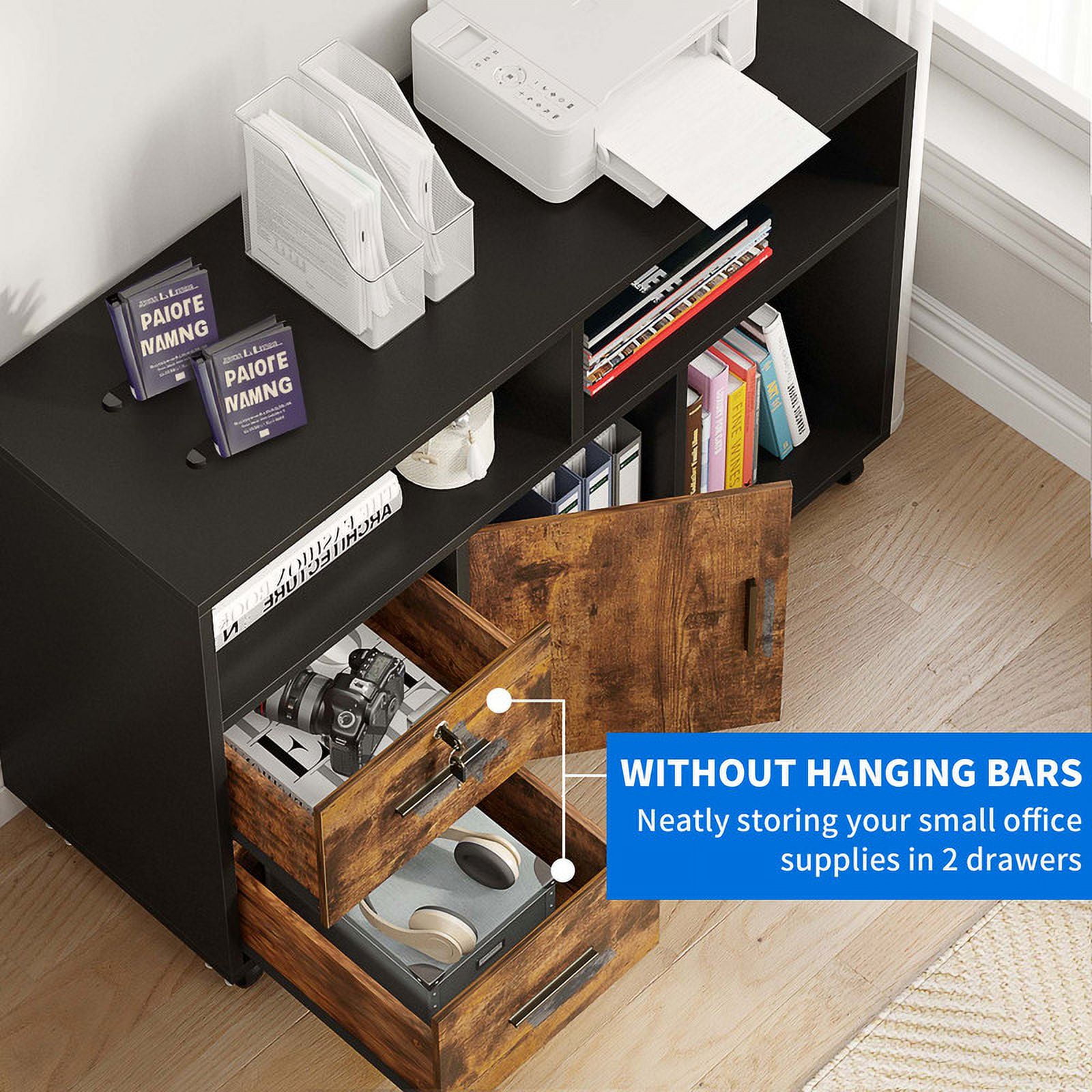 Dextrus 2 Drawer Wood File Cabinet, Mobile Lateral Filing Cabinet with Lock, Printer Stand with Open Storage Shelves for Home Office,Black & Rustic Brown