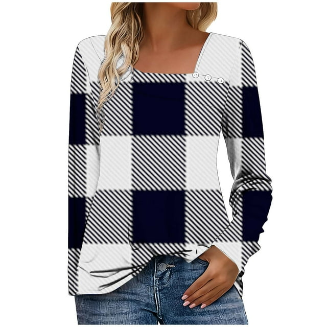 HAiming Plus Size Womens Pullover Tops Plaid Square Neck Button Casual Long Sleeve Blouse Spring Fall Clothes