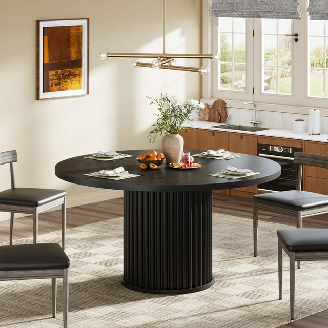 Table à Manger Ronde pour 4 à 6 Personnes, Table de Cuisine Circulaire de 47,24 Po avec Base Métallique Cannelée Robuste, Noire