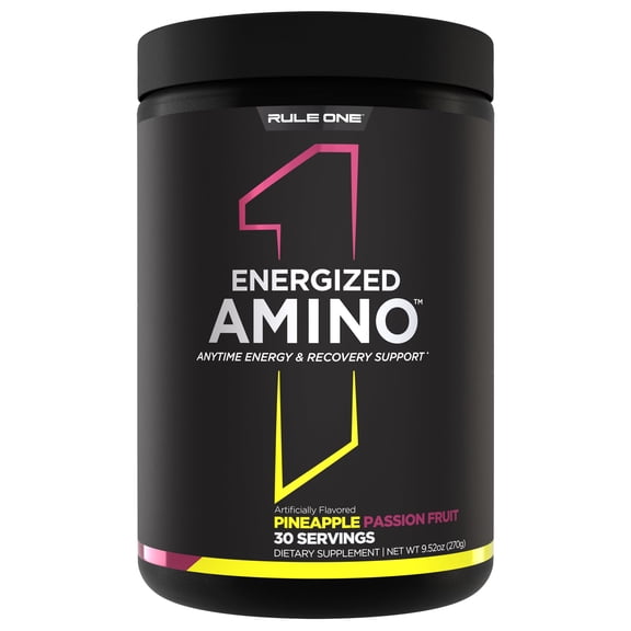 Rule 1 Proteins Energized Amino–Anytime Energy & Recovery Support with BCAAs,Glutamine,Citrulline,Beta Alanine,& Caffeine from Green Coffee & Tea Leaf Extracts (30 Servings,Pineapple Passionfruit)