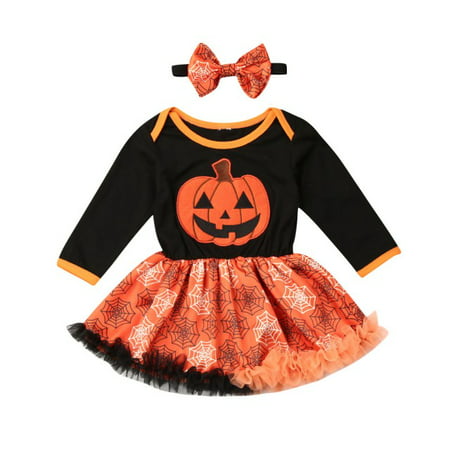 Toddler Baby Girls Halloween Costume Short Sleeve Pumpkin Princess Dress Lace Polka Dot Tutu