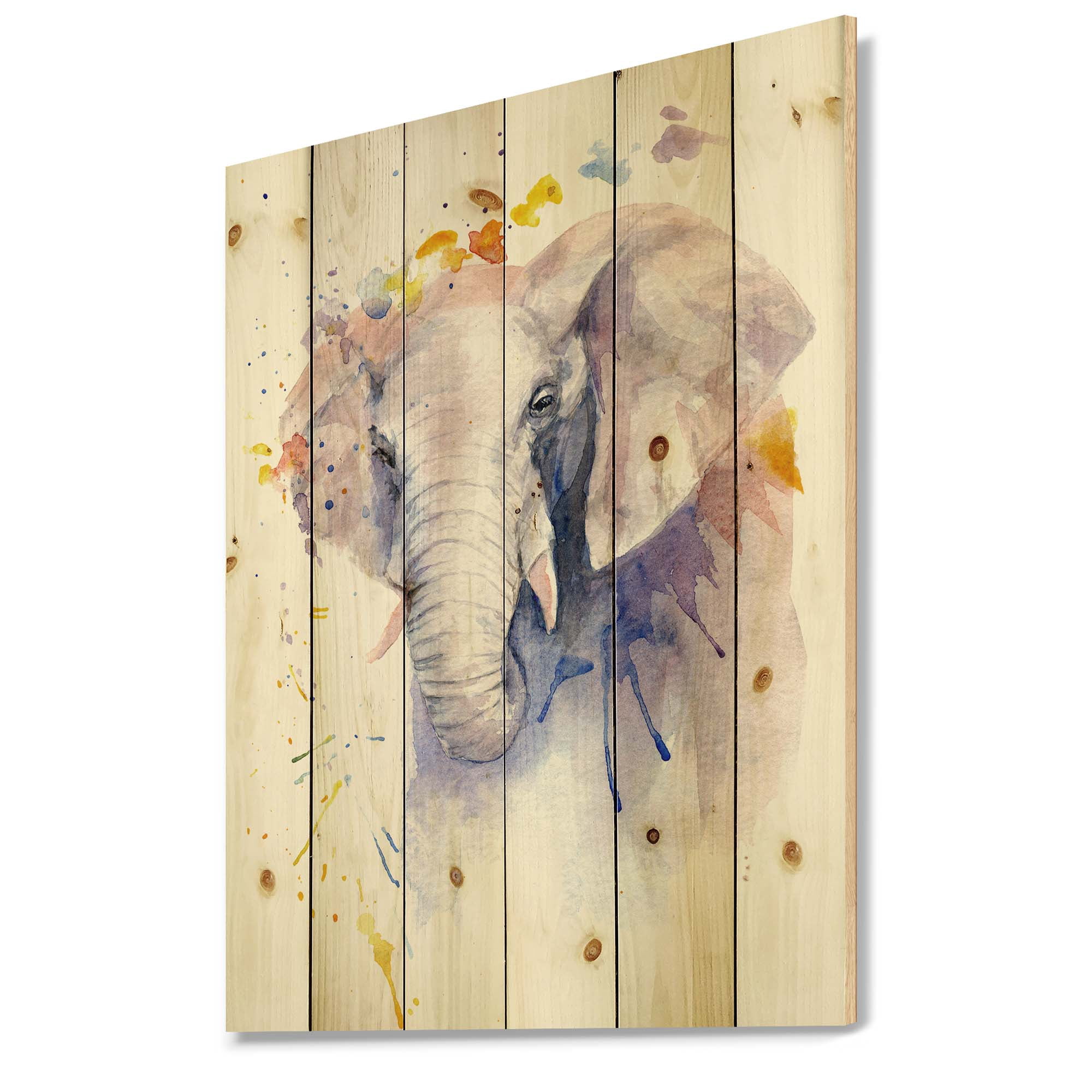 Designart 'Portrait of An Elephant Yellow and Blue Strokes' Farmhouse Print on Natural Pine Wood