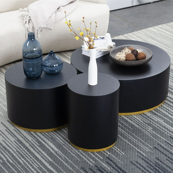 Kevinplus Black Coffee Table Set of 3 End Table with Gold Rim Bottom Round Wood Side Table for Living Room Bedroom