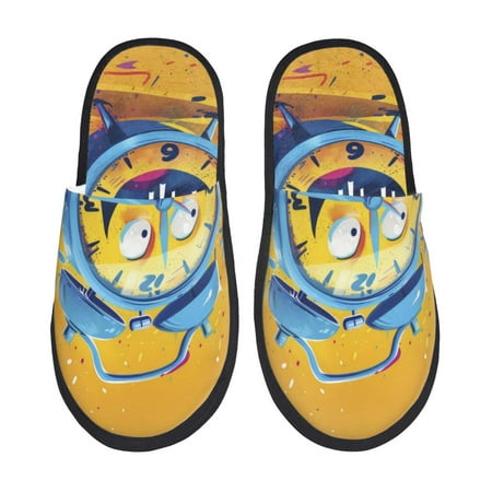 Balery Funny Alarm Clock Illustration Slient Indoor Furry Fleece Comfort House Shoes Soft Non-Slip Home Shoes Cotton slippers House Slippers-- Large