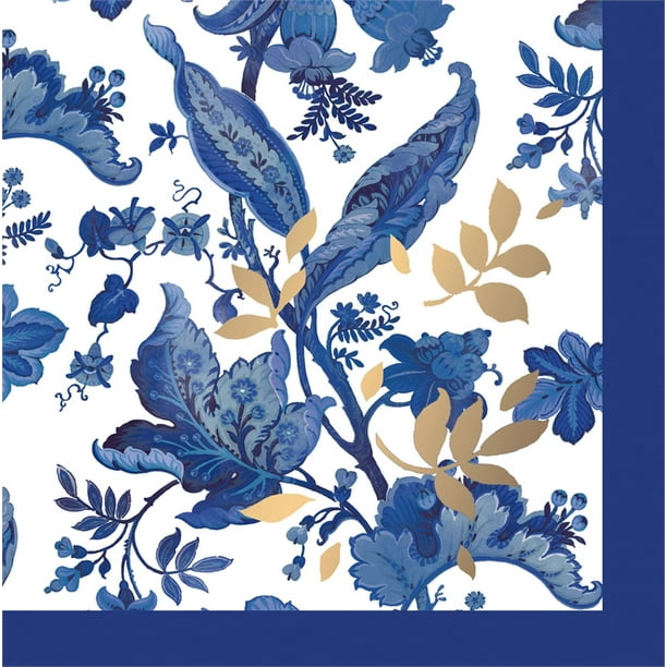 Foil Paper Cocktail Napkin, 20 count, Blue Floral Toile