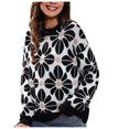 thumbnail image 2 of Women's Floral Print Crew Neck Sweater 2023 Fall Winter Long Sleeve Knitted Pullover Sweater Jumper Tops Loose Blouse, 2 of 5