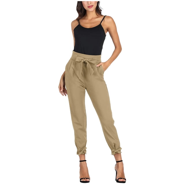 Pantalones pitillo de cintura alta para mujer - Bolsillo con lazo, poliéster liso, ropa informal/de fiesta, largo completo, S-XXL
