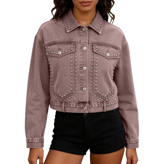 PBFRDSJ Womens Cropped Denim Jacket Button Down Long Sleeve Studded Jean Coat Western Distressed Cotton Jean Jacket