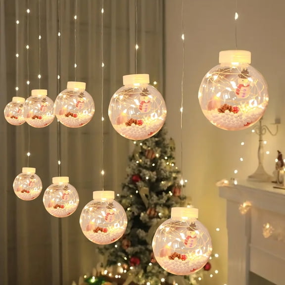 Christmas LED Wishing Ball String Lights 10ft, Snowman Curtain Lights for Bedroom, Home Window Decor, Patio, Party and Christmas Holiday Decoration