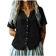 thumbnail image 2 of TGSLY Lace Crochet Trim Placket Tops for Women Notched V Neck Short Sleeve Blouses Loose Fit Dressy Casual Full Button Front Solid Color Tshirts L, 2 of 7
