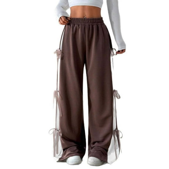 VNKIDY Women's Casual Pants Solid Color Side Bow Wide Leg Pants Elastic Waisted Stylish Design Soft Fabric Trousers For Casual Daily Outdoor Leisure Activities Fashionable Trousers