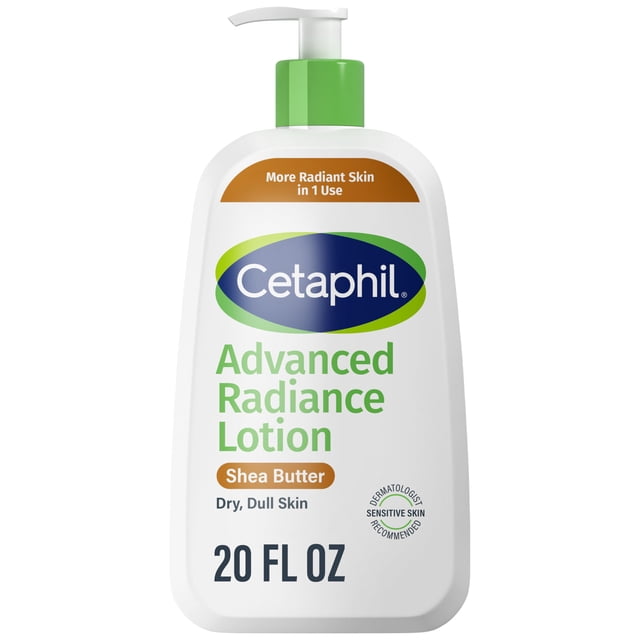 cetaphil body lotion, advanced relief lotion with shea butter for dry, sensitive skin, new 20oz fragrance free hypoallergenic non-comedogenic — Vista frontal de un envase pump de 20 fl oz blanco con bomba verde y logo Cetaphil; etiqueta muestra "Advanced Radiance Lotion" y "Shea Butter", texto pequeño indica piel sensible y sin fragancia, fondo blanco.