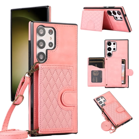 Mantto Case for Samsung S22 Ultra,Credit Card Holder with Should Strap,Premium PU Leather Purse Diamond Patterned Folio Cover for Samsung Galaxy S22 Ultra,Rosegold