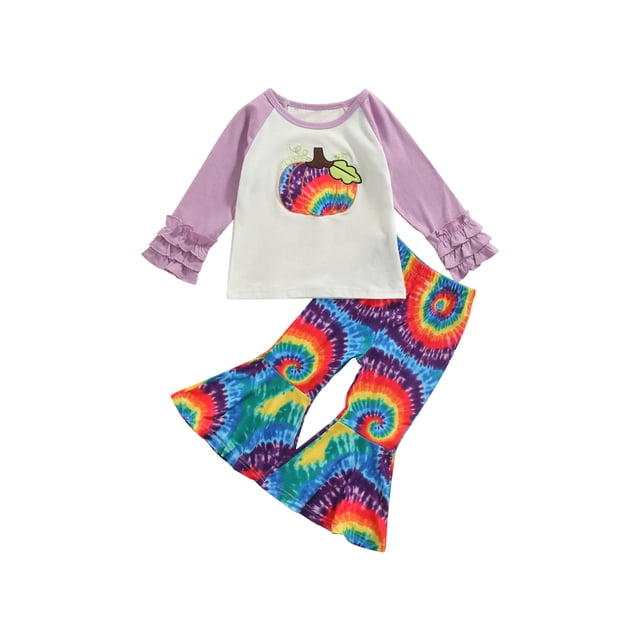 FOCUSNORM Girls Clothes Set Pullover + Tie-dyed Printed Pattern Flared Pants