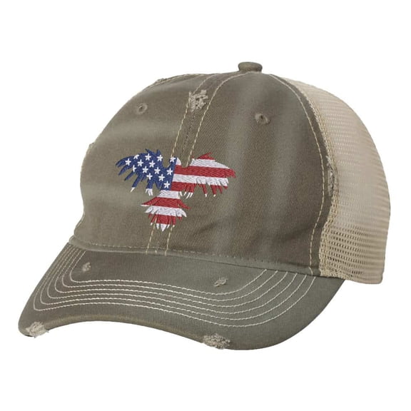 Premium Patriotic Trucker Hat - American Eagle USA Flag Design with Adjustable Strap - Distressed Cap (Olive)