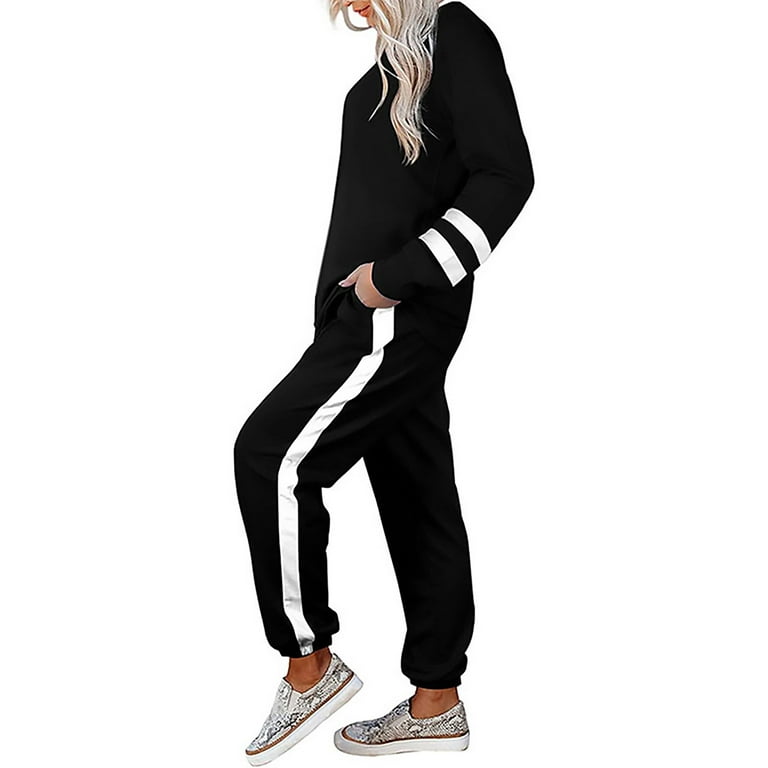 .Lumento Ladies Casual Jogger Set With Pockets Color Block Pajamas  Sweatsuits Loungewear Pullover Lounge Sets Black L