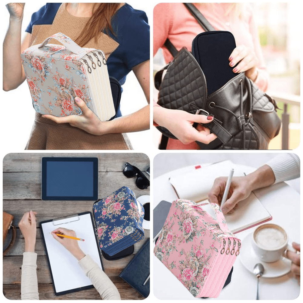 200 Slots Pencil Holder Pen Bag Large Capacity Pencil Organizer with Handle Strap Handy Colored Pencil Box with Printing Pattern