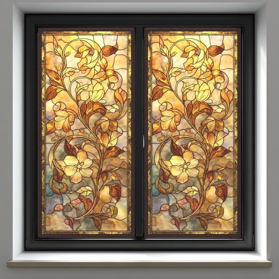 Frosted Window Privacy Film, Stained Glass Floral Window Cling, No Glue Static Cling Window Film, 17.5 x 39.4 Inch for Bathroom, Kitchen, Living Room