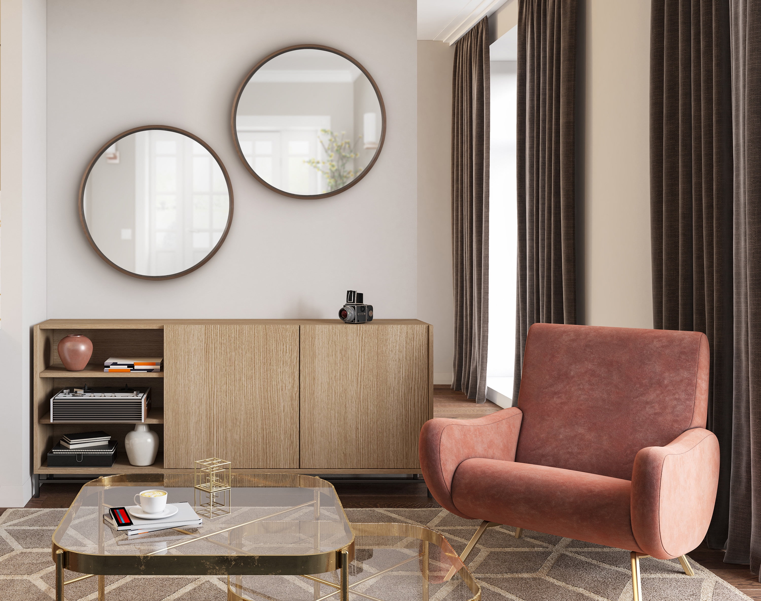 Kate and Laurel Travis Mid-Century Round Wall Mirror, 25.6 inch Diameter, Bronze, Modern Accent Mirror