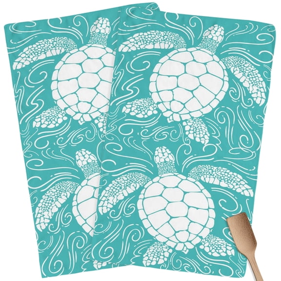 Kitchen Towels Set of 2 Turquoise Sea Turtle Dish Towels and Dishcloths Sets Tea Towel Coastal Marine Life Waves Absorbent Hand Towels for Kitchen Bathroom Drying Cleaning Baking Home Decor
