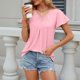 thumbnail image 3 of Camiseta de manga corta con cuello en V y pliegues para mujer, corte holgado, color liso, para uso informal o en la playa, 3 of 5