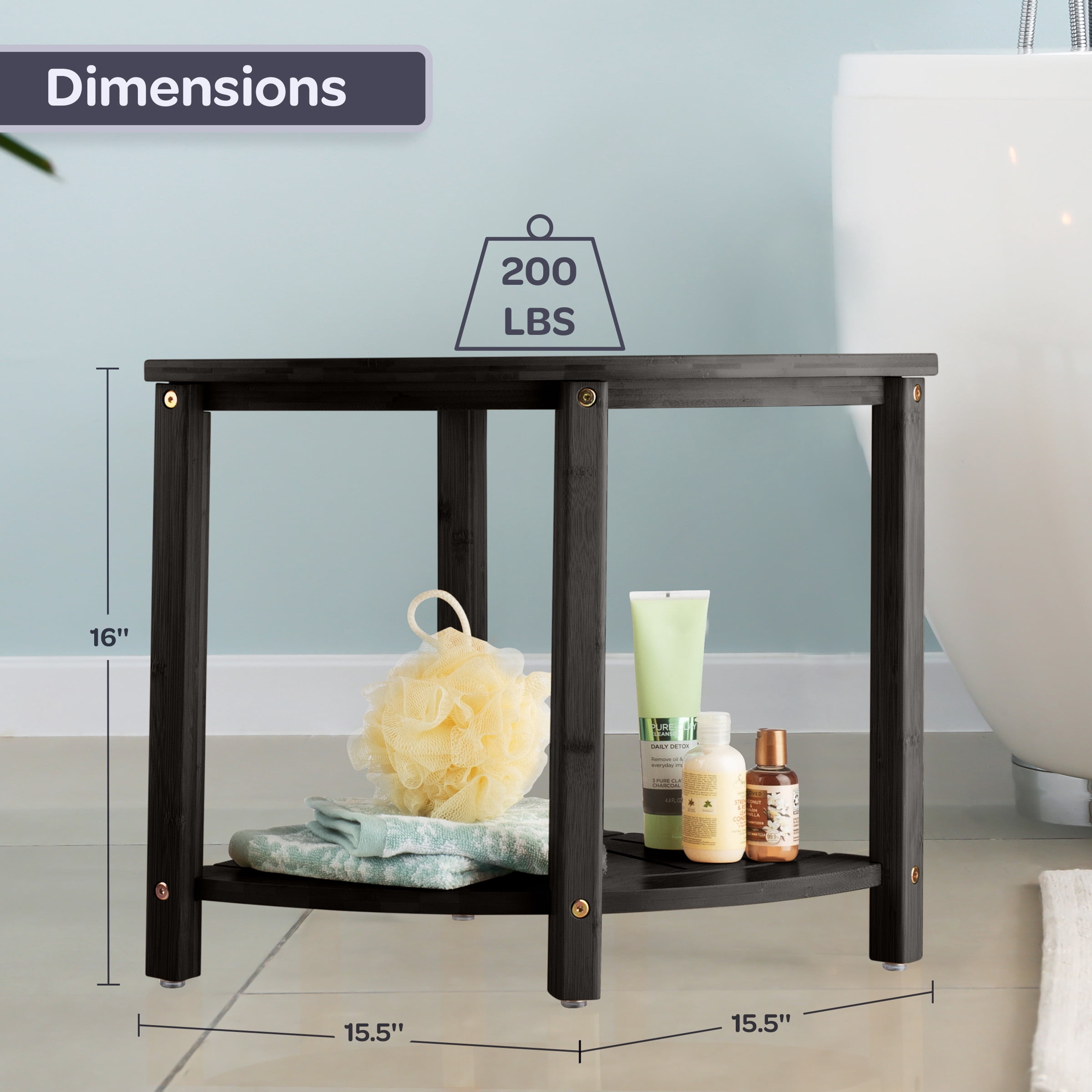 Lavish Home Corner Shower Bench, Black, Water Resistant, Bamboo Construction