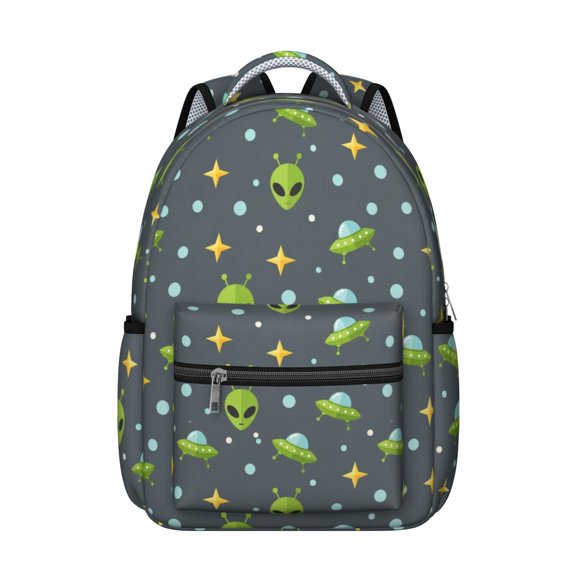Alien UFO Medium Gray Pattern Backpack for School, Cute School Bag with Adjustable Shoulder Straps and Padded Back, 15.3"x11"x7.1"