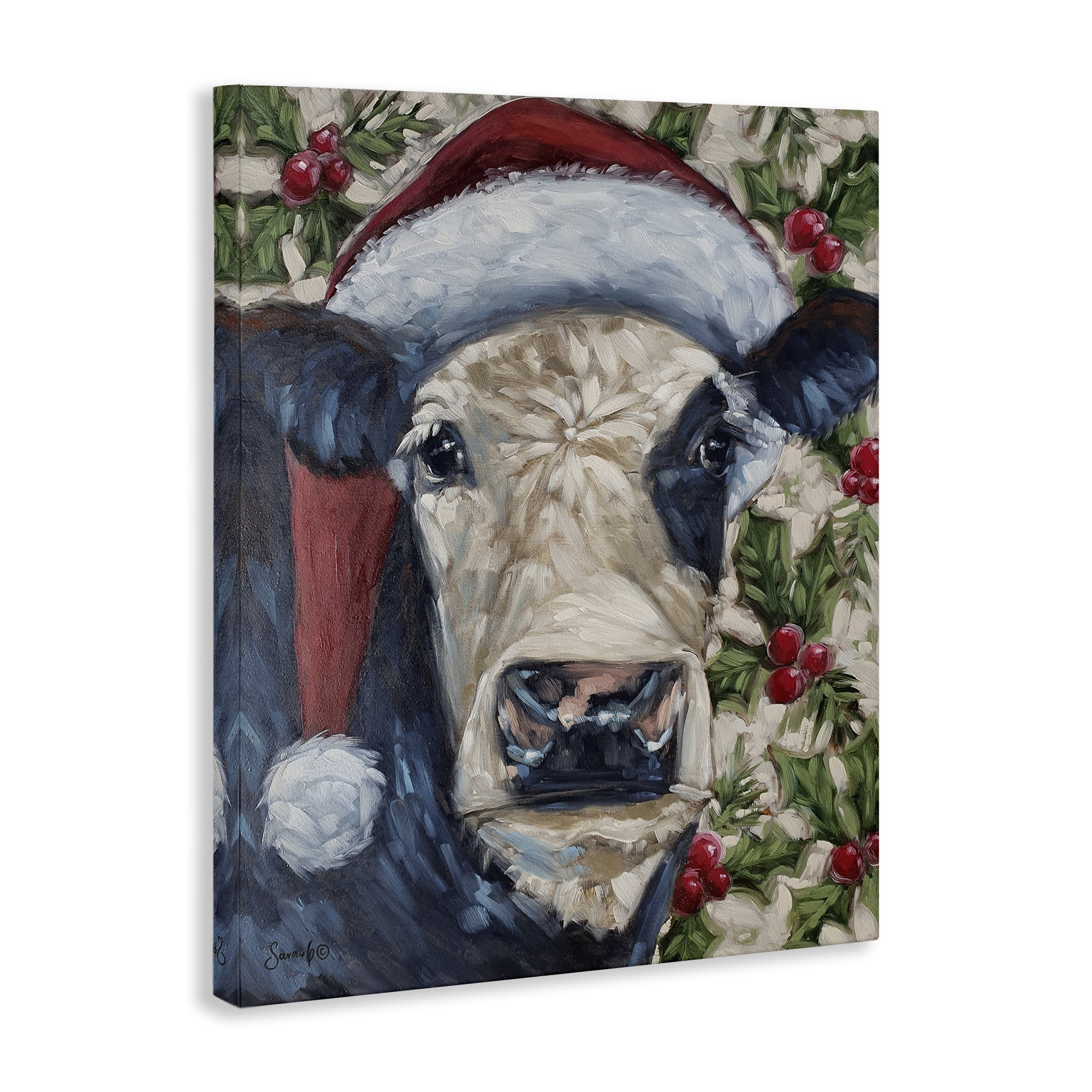 Stupell Industries Cow with Festive Holly Holiday Painting Gallery Wrapped Canvas Art Print Wall Art, 16 x 20