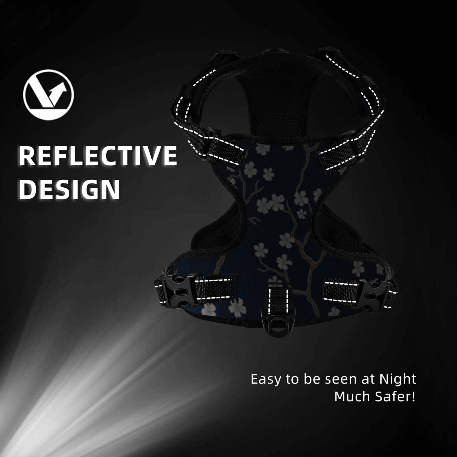 Fuzoiu Cherry Blossoms on Navy Background Print Reflective Dog Harness,Adjustable, Breathable Pet Vest,Dog Harness No Pull,No Choke Pet Vest for Small, Medium, and Large Dogs-X-Large