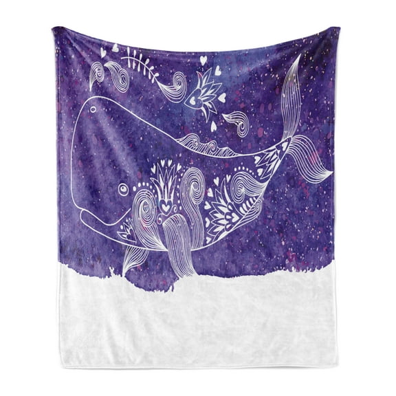 Whale Soft Flannel Fleece Blanket, Watercolor Whale with Floral Flower Hearts Details Marine Celebration Artwork Print, Cozy Plush for Indoor and Outdoor Use, 70" x 90", Purple White, by Ambesonne