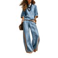 thumbnail image 2 of Clossjun Womens Cotton Linen Outfit Sets Two Piece Loose Fits Top & Side Stripe Long Pants Sets Casual Going Out Lounge Sets L, 2 of 5