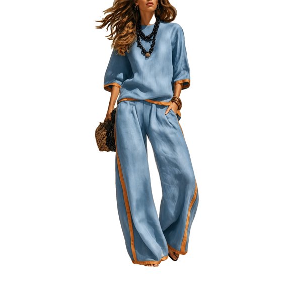Szluipve Linen Sets for Women 2 Piece 2 Piece Linen Outfit Contrast Trim 3/4 Sleeve Crew Neck Top & Wide Leg Pants Set Loose Casual Beach Vacation Tracksuit Suit Hot Pink 3XL