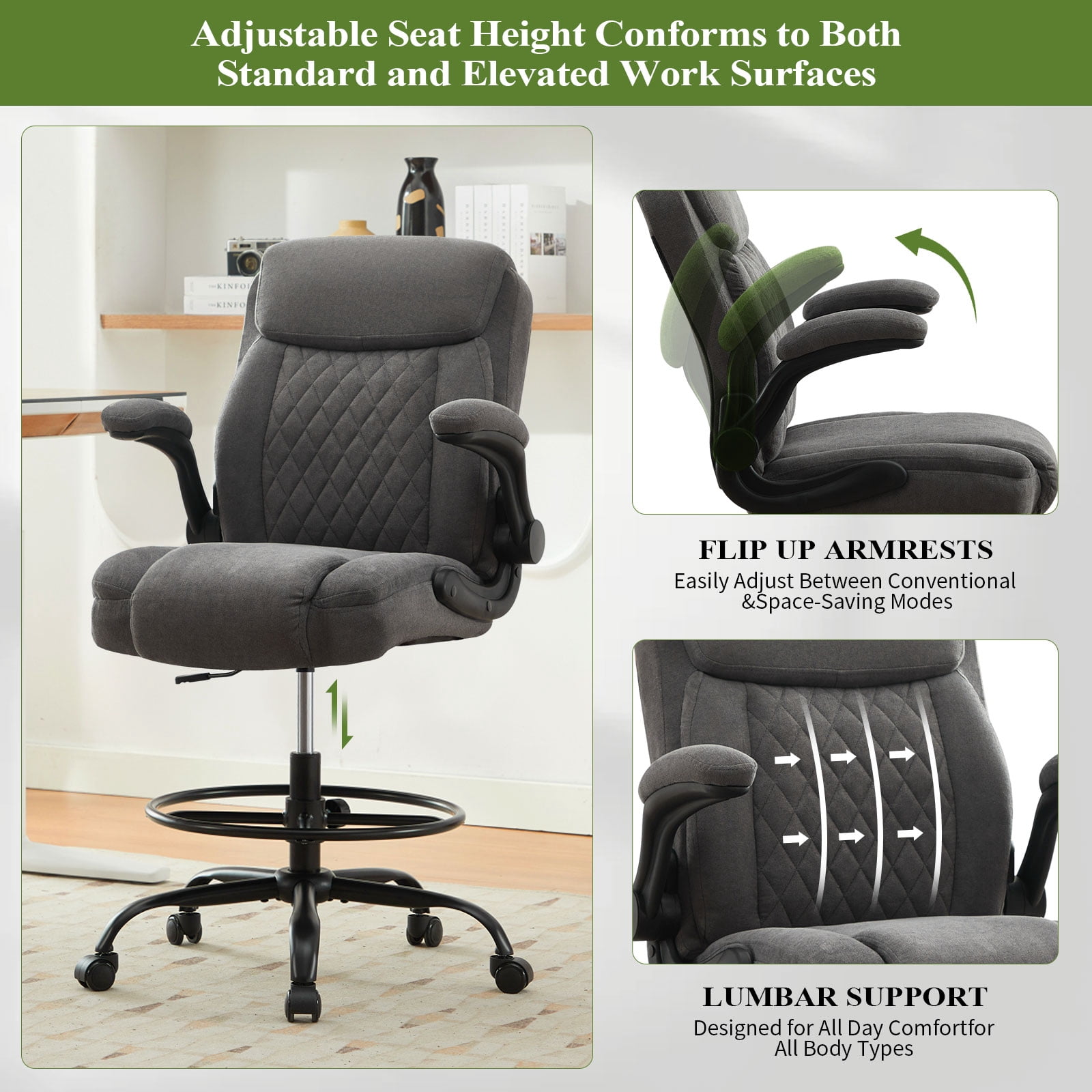 JONPONY Tall Office Chair for Standing Desk, Ergonomic High Office Chair with Adjustable Foot Ring, Flip-Up Armrests, Lumbar Support for Home office ,Dark Gray