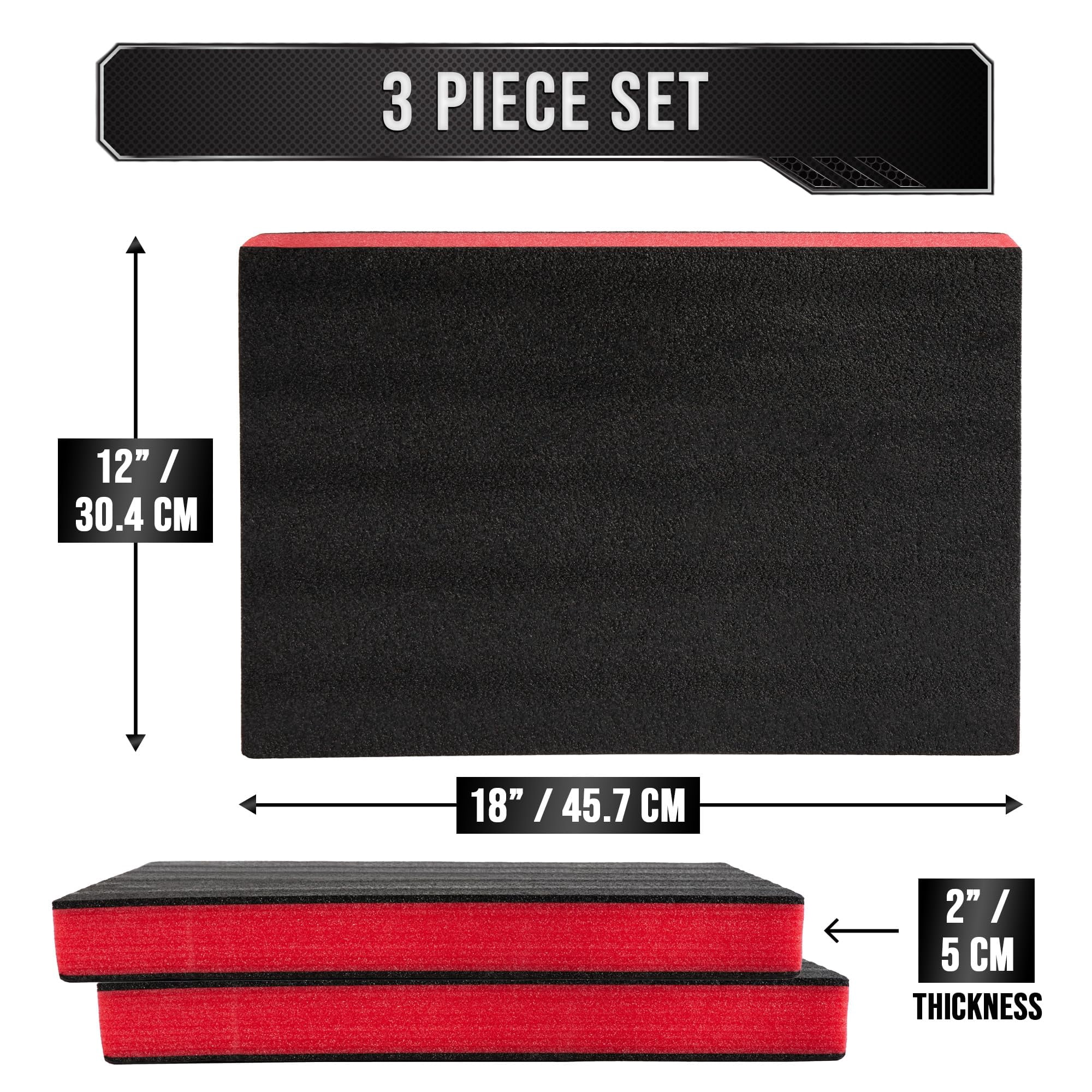 Precision Defined Tool Box Foam - Protective Inserts for Cases, Polyethylene Tool Foam for Cases, Cushion Insert for Toolboxes - 18" Black/Red (3 pack)