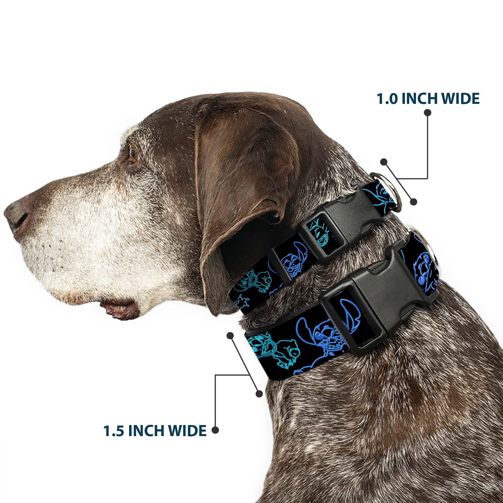 Disney Pet Collar, Dog Collar Plastic Buckle, Electric Stitch Poses Black Neon Blue, 15 to 24 Inches 1.0 Inch Wide