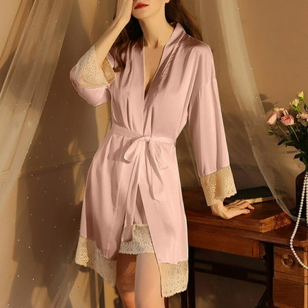 

Pajamas For Women Plus Size Jioakfa Women S Spring And Summer Imitation Silk Temptation Private Nightwear Long Sleeve Satin Lace Tie Nightgown Robe Pink L
