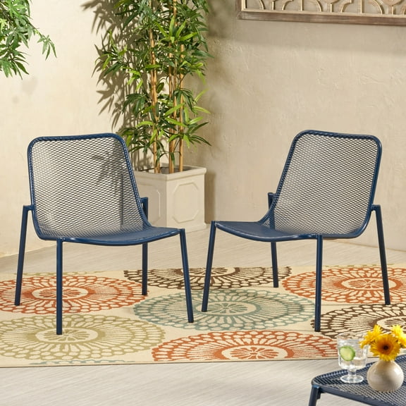 Stackable Outdoor Chairs Set Of Two, Matte Navy Blue Iron Patio Chairs For Backyard, Porch Or Garden Seating