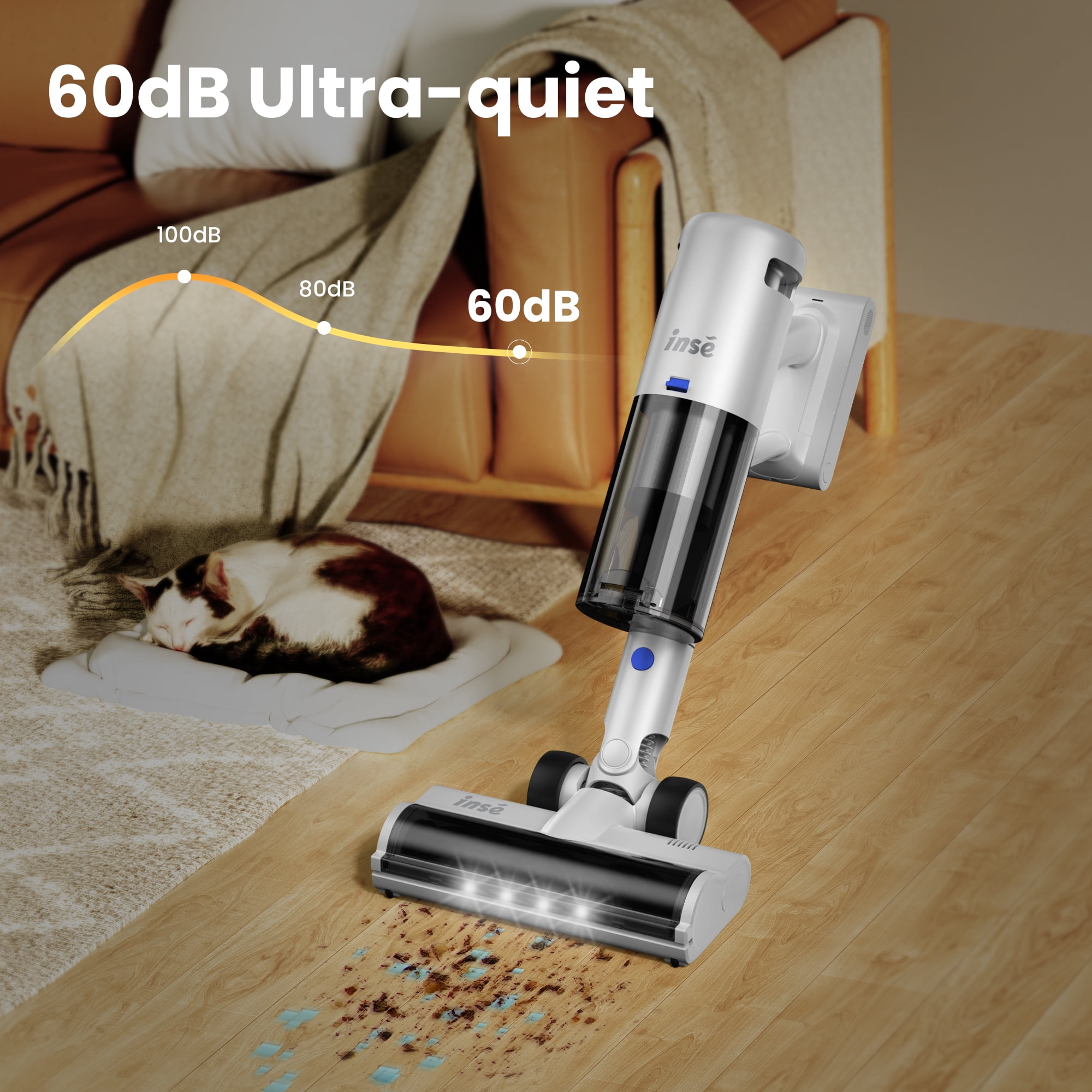 INSE Lightweight Cordless Vacuum with 30Kpa Powerful Suction & 60 Mins Runtime, Stick Vacuum for Carpet, Tile, Pet Hair, Hardwood Floors