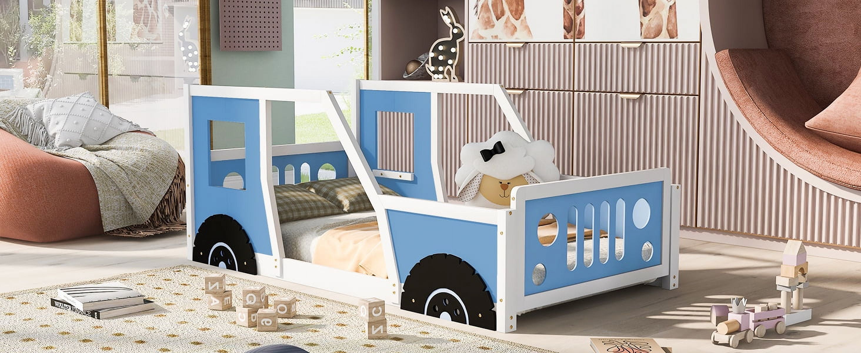 Harper & Bright Designs Twin Size Car-Shaped Platform Bed with Wheels, Wood Car-Bed Low Floor Bed Frame with Headboard and Footboard, White Blue